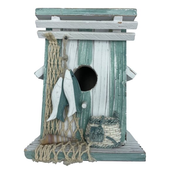Wooden Coastal-Themed Birdhouse With Nautical Rope Seashell & Fish Decor Rustic - Picture 1 of 10